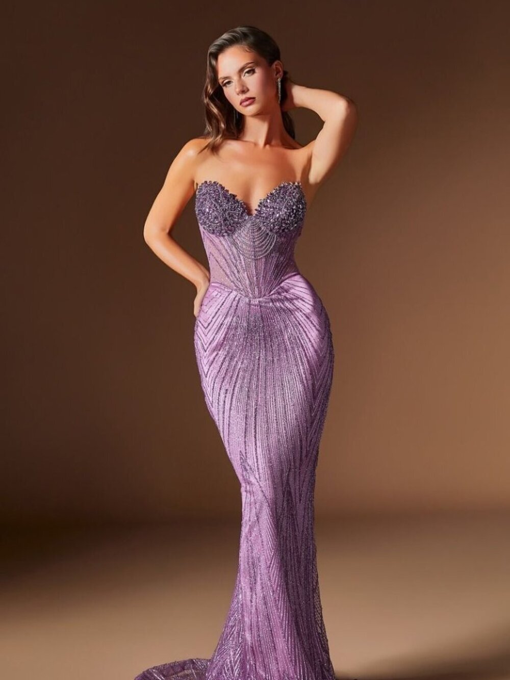 Cinderella Lavender Strapless Beaded Mermaid Prom Gown